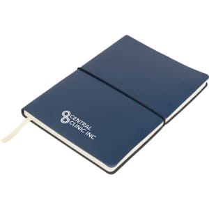 A navy blue Tango A5 notebook with a black elastic band and a logo on the cover.