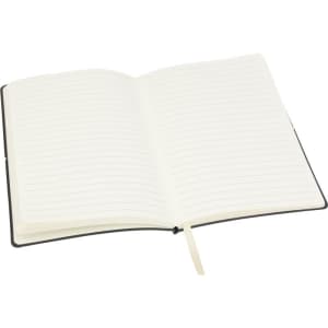 A black Tango A5 notebook with lined pages and a ribbon bookmark, open to reveal the blank interior.