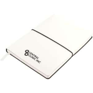 A white Tango A5 notebook with an elastic band, featuring a logo on the cover.