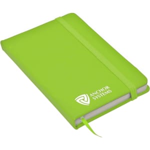 A bright green notebook with a ribbon bookmark and an elastic closure, featuring a logo on the cover.