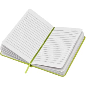 A green and white notebook with lined pages, partially opened to display its interior, featuring a ribbon bookmark.