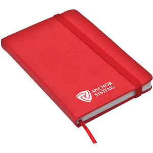 A red notebook with an elastic strap, featuring a logo on the cover.