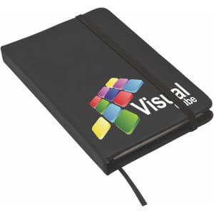 A black notebook with a logo featuring colourful squares and an elastic band closure.