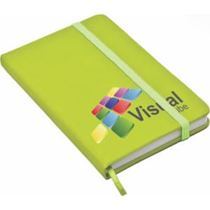 A green notebook with a textured cover and an elastic band, featuring a logo on the front.