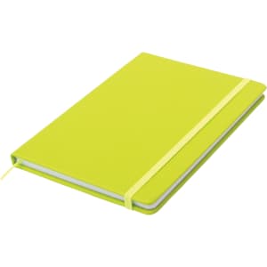 A bright lime green A5 notepad with a matching elastic band closure. It has a smooth cover and white pages inside.