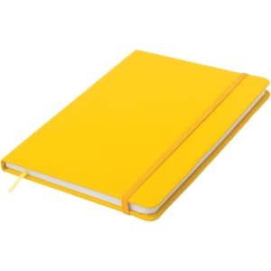 A yellow A5 notepad with an elastic band closure and a ribbon marker. It features a simple design and a logo.