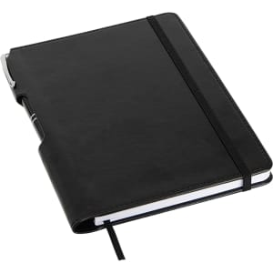 A black A5 notebook with an elastic band closure, featuring a pen holder and ribbon bookmark.