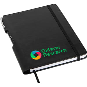 A black A5 notebook with a pen holder and an elastic band, featuring a logo on the cover.