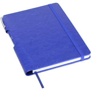 A blue A5 notebook with a pen holder, elastic closure, and a bookmark ribbon. It features a textured cover and a logo.