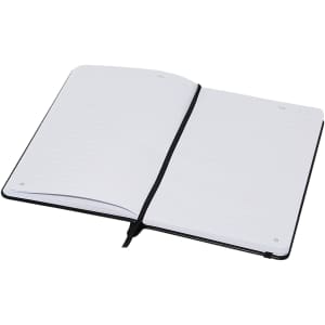 A black A5 notebook with lined pages, featuring a ribbon bookmark and a logo on the cover.