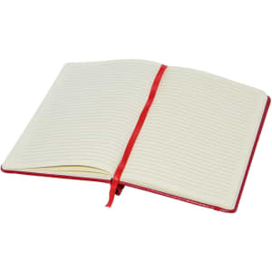 A red A5 notebook with lined pages and a ribbon bookmark, featuring a logo on the cover.