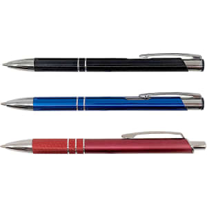 A selection of three pens: a black, a blue, and a red pen, each with silver detailing and a clip.