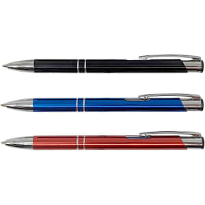 A set of three pens in black, blue, and red, each featuring a shiny metallic finish and a clip.