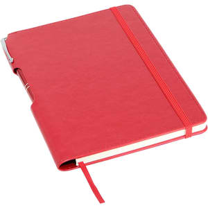 A red A5 notebook with a pen holder and elastic closure, featuring a textured cover and ribbon bookmark.