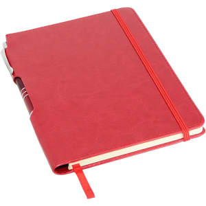 A red A5 notebook with a textured cover, an elastic band, and a silver clip, featuring a bookmark.