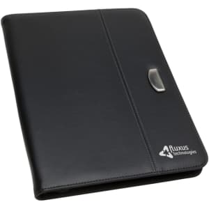 A black A4 zip portfolio with a smooth finish and a silver clasp, featuring a logo on the lower right corner.