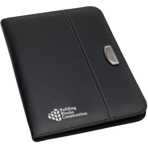 A black A5 portfolio featuring a textured surface and a metallic clasp, with a logo on the front.