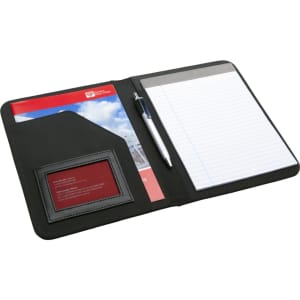 A black Meridian A5 portfolio with a notepad, pocket, and a pen included. It features a branded logo.