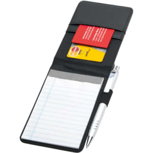 A black notepad holder with lined paper, a pen, and slots for cards. Features a simple design.