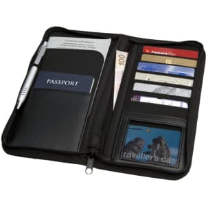 A black Meridian Travel Wallet containing a passport, cards, cash, and a pen, with a zippered closure.