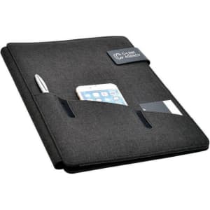 A dark grey hands-free A4 portfolio featuring pockets for a pen, phone, and business card, with a logo.