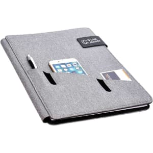 A grey hands-free A4 portfolio with a pen, phone pocket, and card slots, featuring a branding logo.