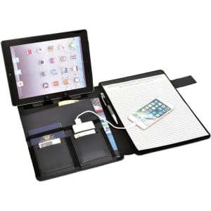 A black hands-free A4 portfolio with compartments for a tablet, notes, cards, and a pen. It includes a charging cable.