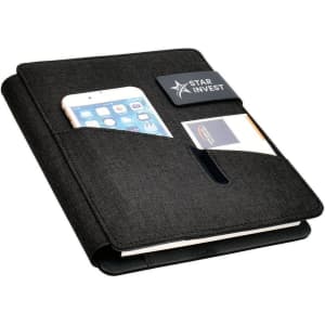 A black hands-free A5 portfolio with a slot for a smartphone and cardholder compartment. It features a logo.