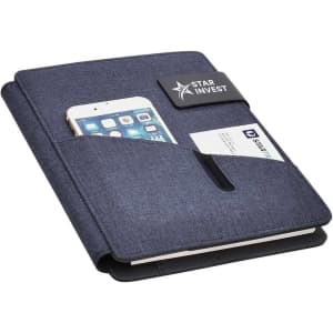 A dark blue hands-free A5 portfolio featuring a phone pocket and a business card slot, with a logo on the front.