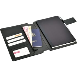 A black hands-free A5 portfolio featuring card slots, a zippered pocket, and a notebook or passport holder.