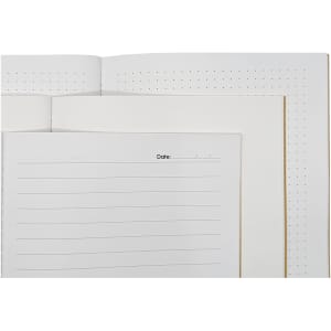 A black A5 journal with dotted and lined pages, featuring a simple design and branding logo.
