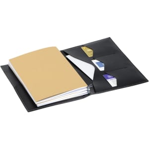 A black A5 journal with a simple cover, featuring blank pages and card slots inside.
