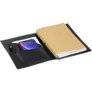 A black A5 journal with a pen, pockets for cards, and a detachable notebook inside.