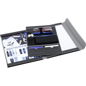 A black A4 portfolio featuring pens, a notepad, and a sleeve for documents, with a branding logo visible.