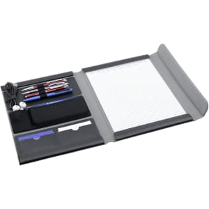 A black A4 portfolio with compartments for pens, a notepad, and storage for accessories and cards.