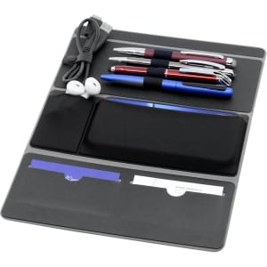 A black remote work A4 portfolio featuring pens, a USB cable, earphones, and pockets for notes and cards.