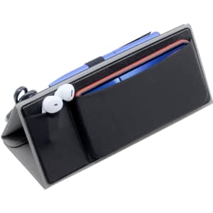 A black A4 portfolio with compartments for a phone, pen, and earbuds, featuring a logo.