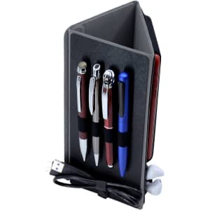 A black portfolio with multiple compartments, featuring pens, a USB cable, and earbuds.