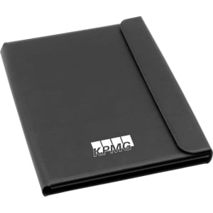 A black A4 portfolio with a flap closure and a logo on the front.
