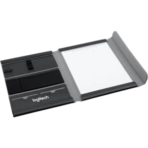 A black A4 portfolio featuring compartments for notes and cards, with a lined notepad included.