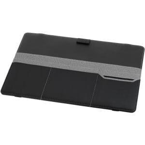A black laptop bag with a grey strap, featuring a smooth finish and a pocket. It has a logo on the surface.