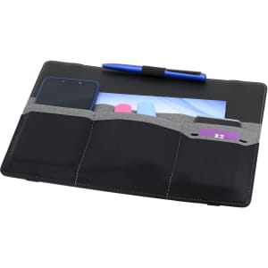 A black laptop bag with grey accents featuring pockets for a phone, cards, and stationery. Includes a pen.