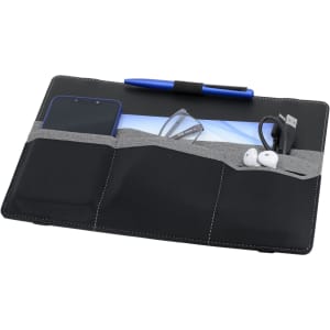 A black laptop bag with grey accents, featuring pockets for a phone, glasses, a pen, and earphones.