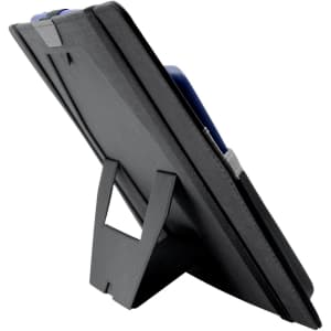A black laptop bag with a stand feature, showcasing a sleek design and a branding logo.