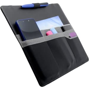 A black laptop bag with multiple pockets, housing a smartphone, pens, and other stationery items. It features a logo.