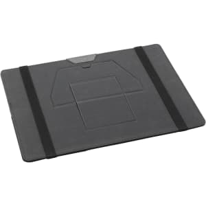 A grey laptop organiser with elastic bands, featuring a section for holding a laptop securely and a logo.