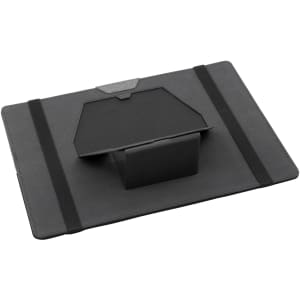 A black laptop bag featuring an adjustable stand and elastic straps for secure storage. It has a logo on the exterior.