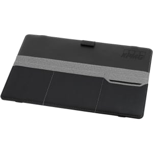 A black laptop bag features a grey strap and has a logo. It has a sleek, professional design.