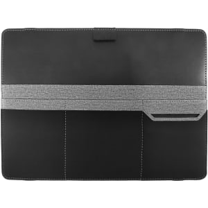 A black laptop bag with a grey strap, featuring compartments for organisation and a loop for easy carrying.