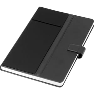 A black notebook with a textured cover, featuring a closure and a pocket on the front.